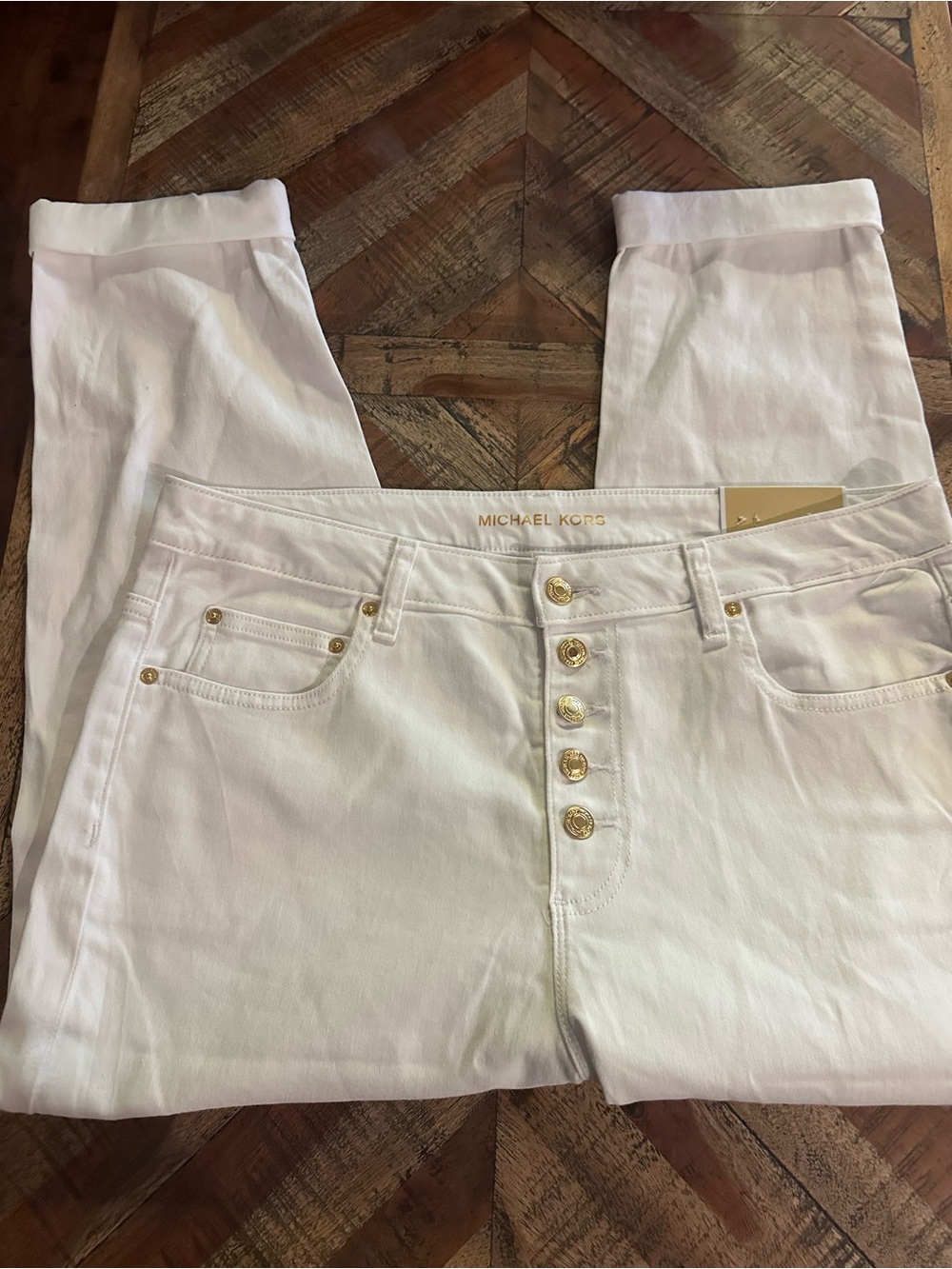 Michael Kors White Skinny Jeans with Gold-Tone Button Fly